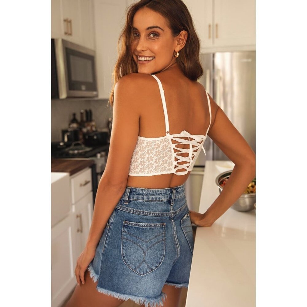 NWT Free People White Embroidered Lace-Up Corset Style Longline Bra Buster Crop - Picture 1 of 10